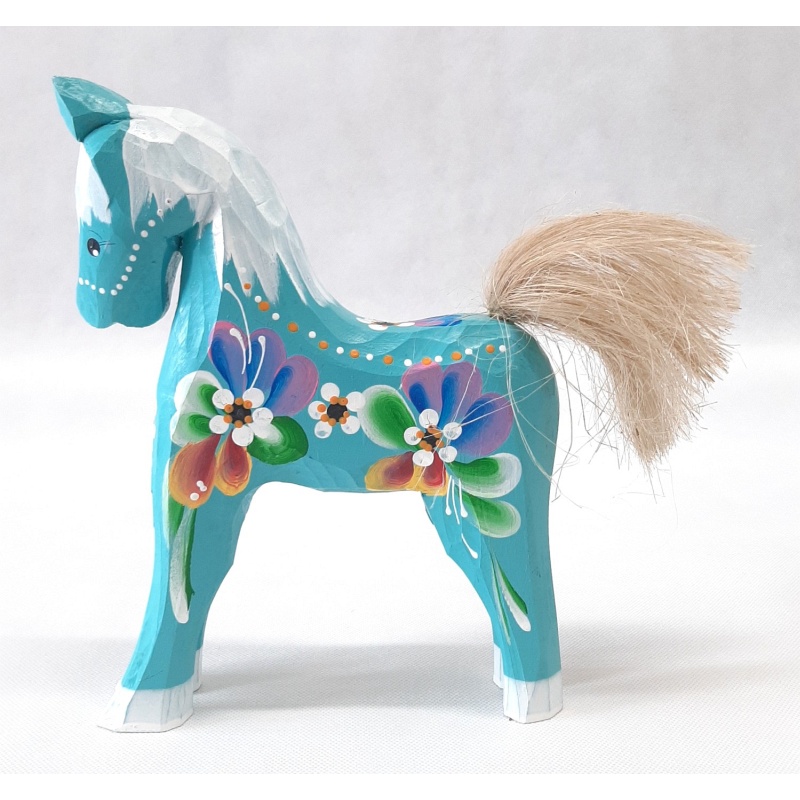 Cheval en bois peint bleu clair 18x15 cm
