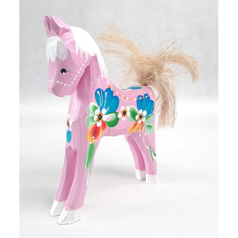 Cheval en bois peint rose 12x10 cm