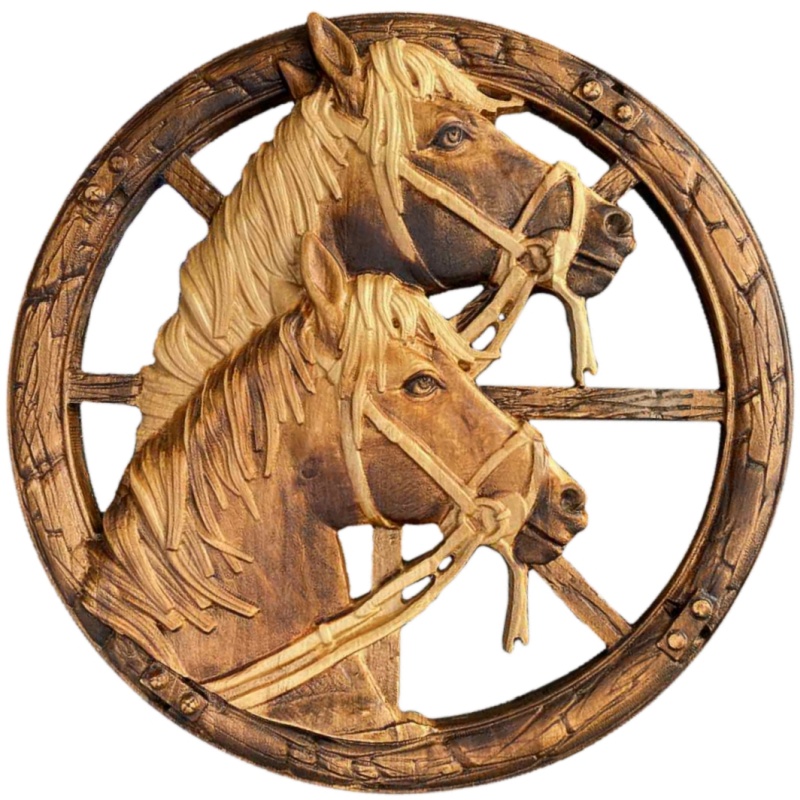 Tableau Chevaux sur une roue de charrette 40cm