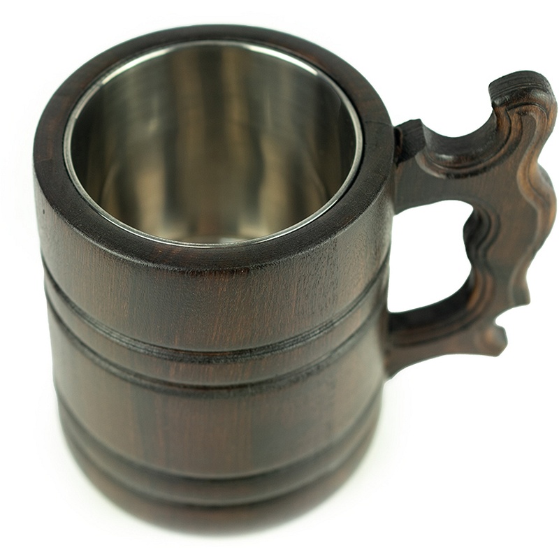 Tasse en bois foncé faite à la main de 0,5 L avec bords foncés et intérieur en acier inoxydable