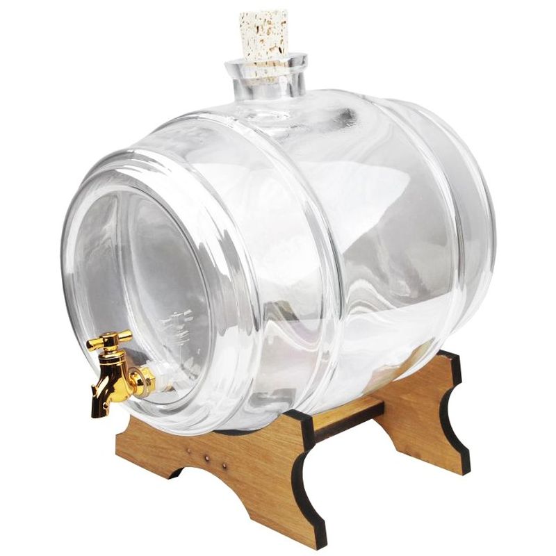Tonneau en verre 5L transparent avec base en bois et robinet doré