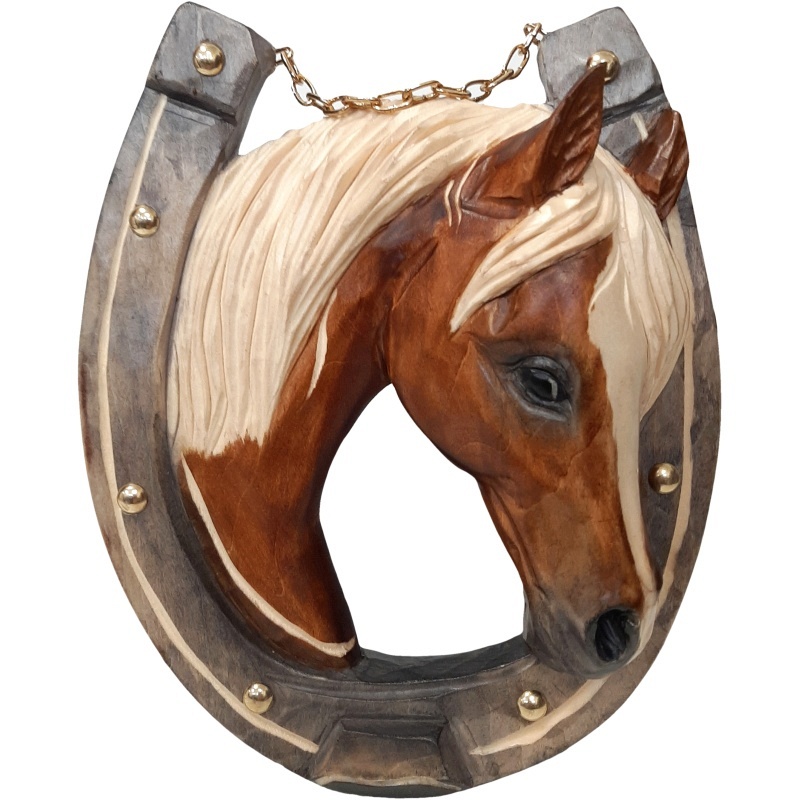 Tête de cheval fer à cheval, tableau à accrocher avec chaîne