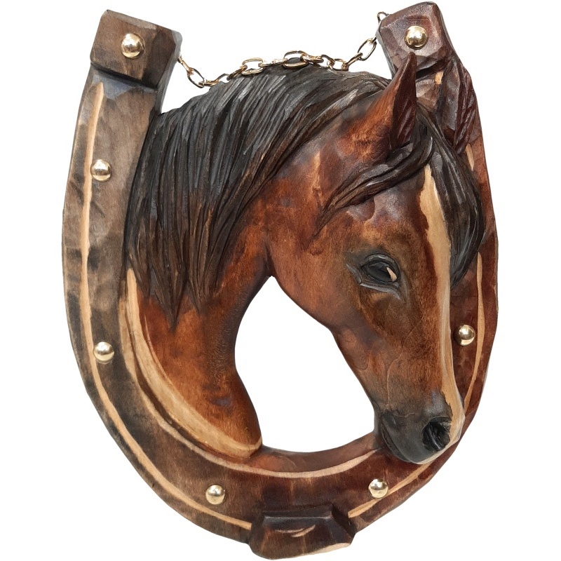 Tête de cheval fer à cheval, tableau à accrocher avec chaîne