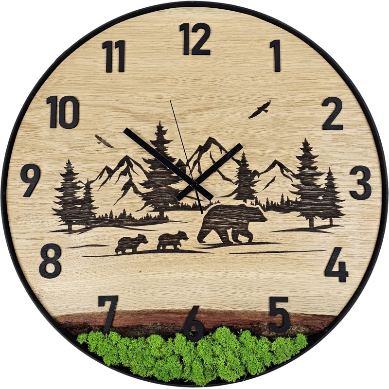 Horloge en bois avec mousse, cercle 50 cm