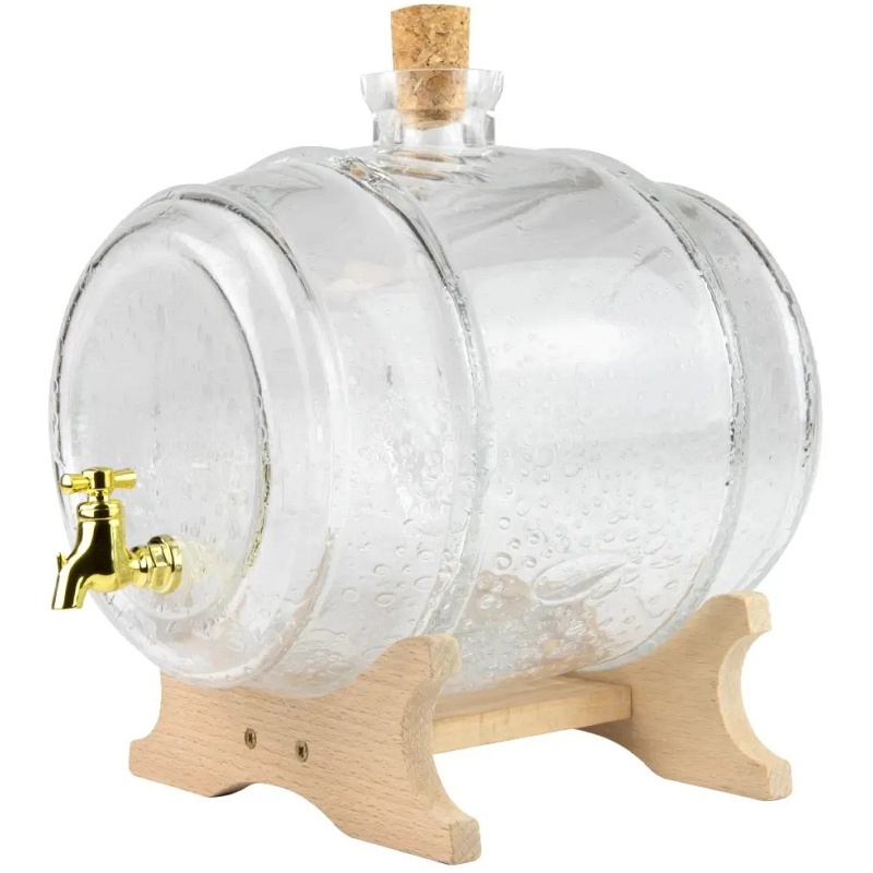 Tonneau en verre 4L transparent « moussé » avec socle en bois, robinet