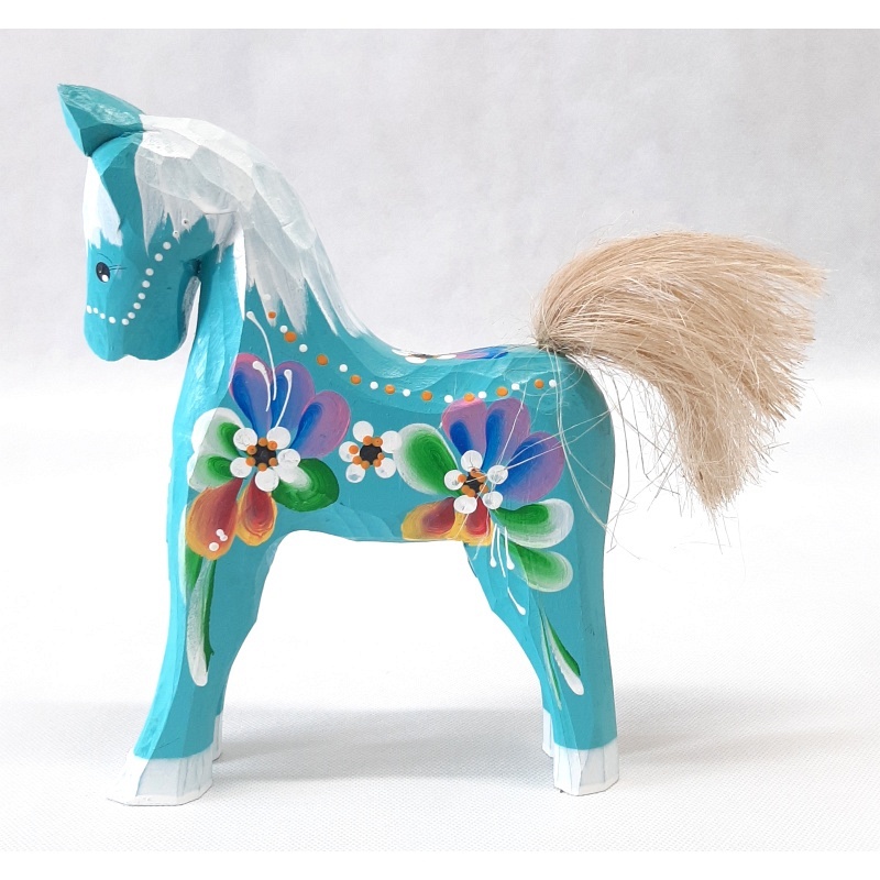 Cheval en bois peint bleu clair 20x25 cm