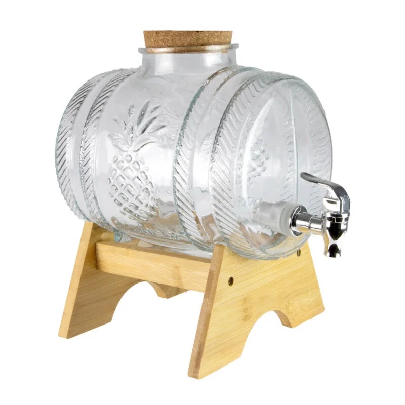 Tonneau en verre 3L transparent avec socle en bois et robinet - ananas
