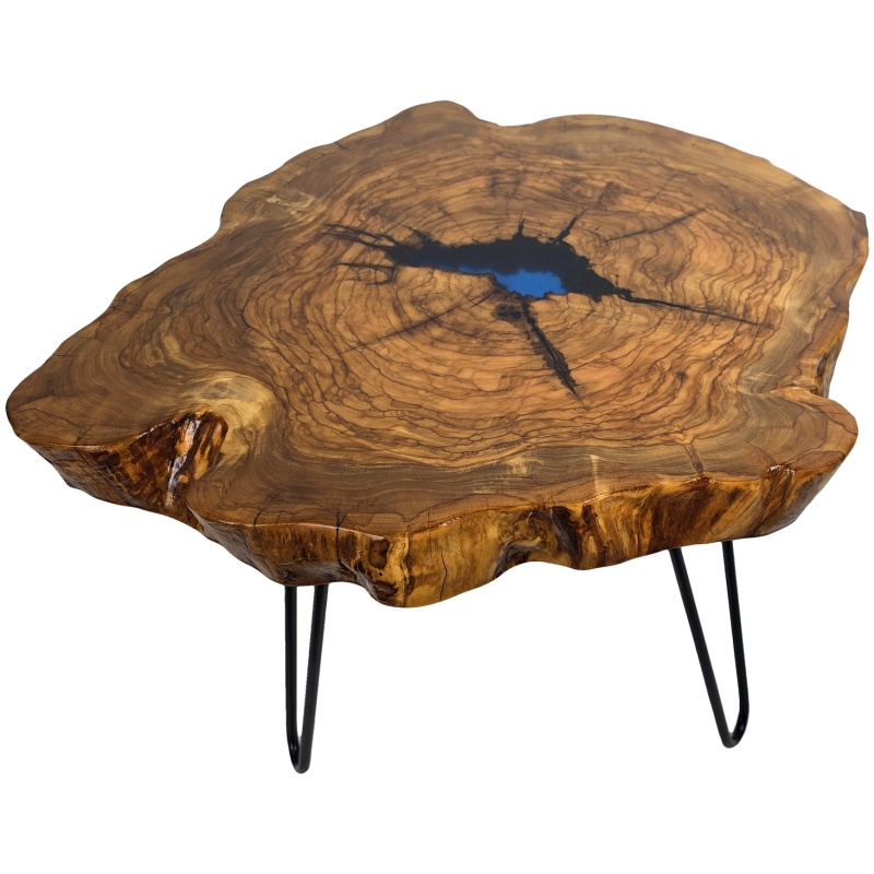 Table en bois de noyer avec plateau en métal