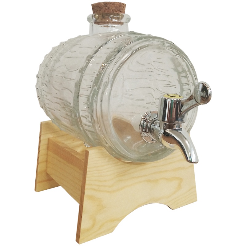 Tonneau en verre 1L transparent avec base en bois et robinet