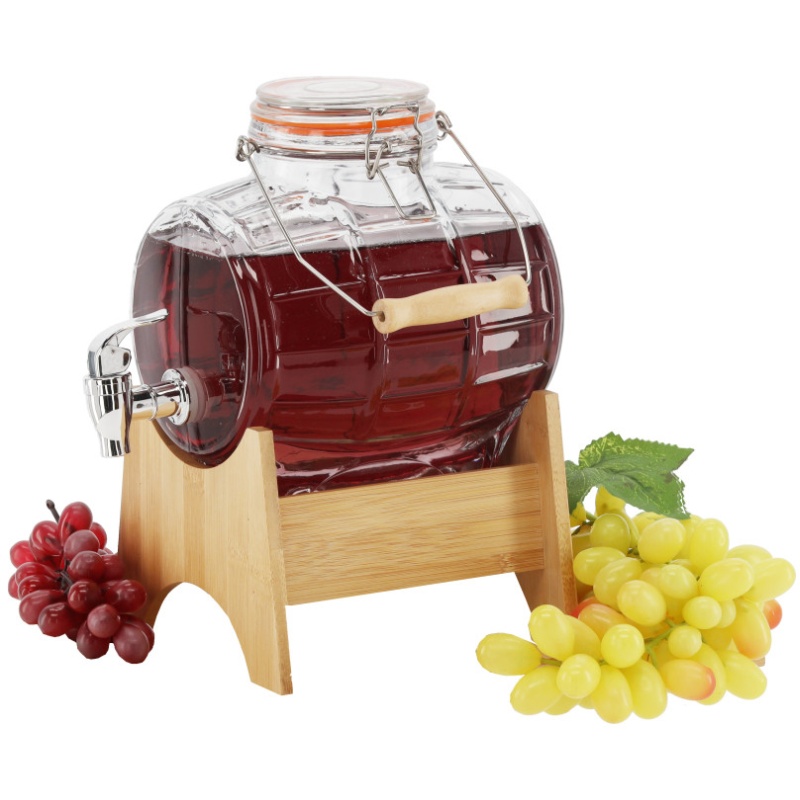 Tonneau en verre 3L transparent avec base en bois et robinet