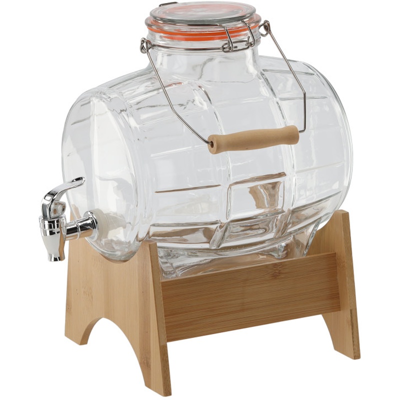 Tonneau en verre 5L transparent avec base en bois et robinet