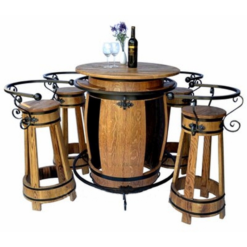 Table tonneau + 4 tabourets avec dossier en métal
