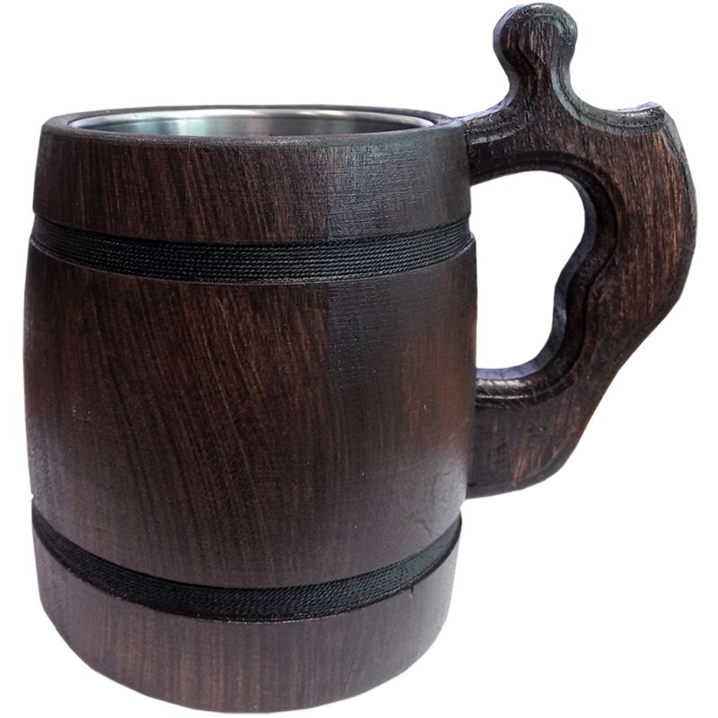 Tasse en bois foncé faite à la main de 0,5 L avec bords foncés et intérieur en acier inoxydable