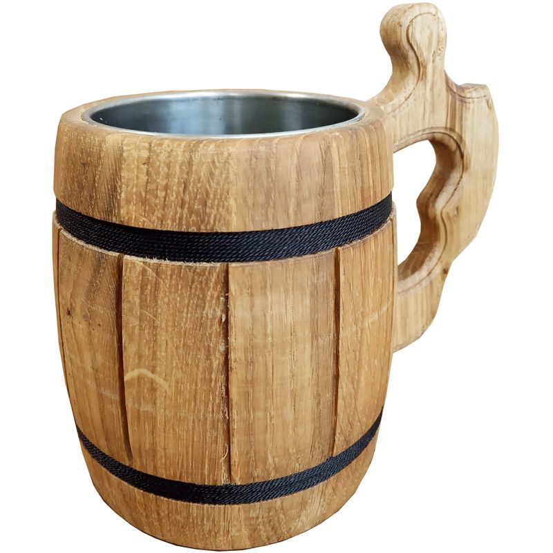 Tasse en bois faite à la main avec bords noirs 0,5 L et intérieur en acier inoxydable