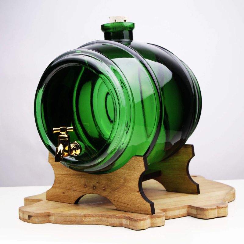Tonneau en verre vert de 4 L avec base en bois et robinet