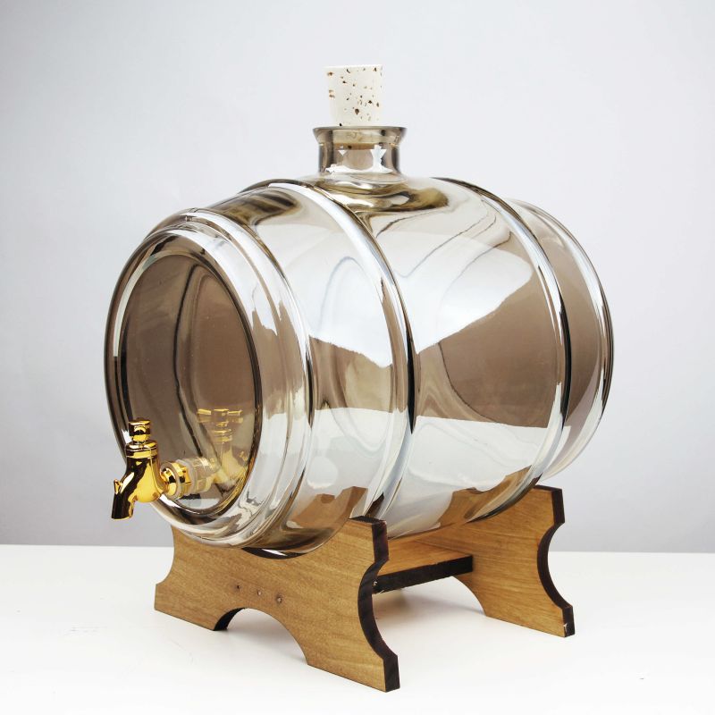 Tonneau en verre de 4 L avec abat-jour gris, base en bois et robinet