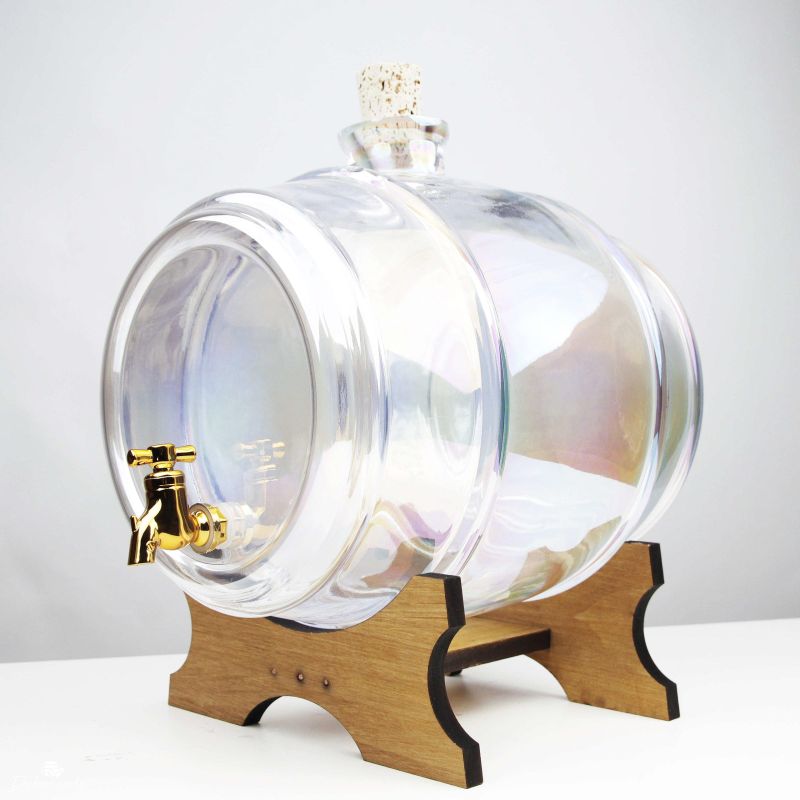 Tonneau en verre de 4 L avec teinte arc-en-ciel, base et robinet en bois