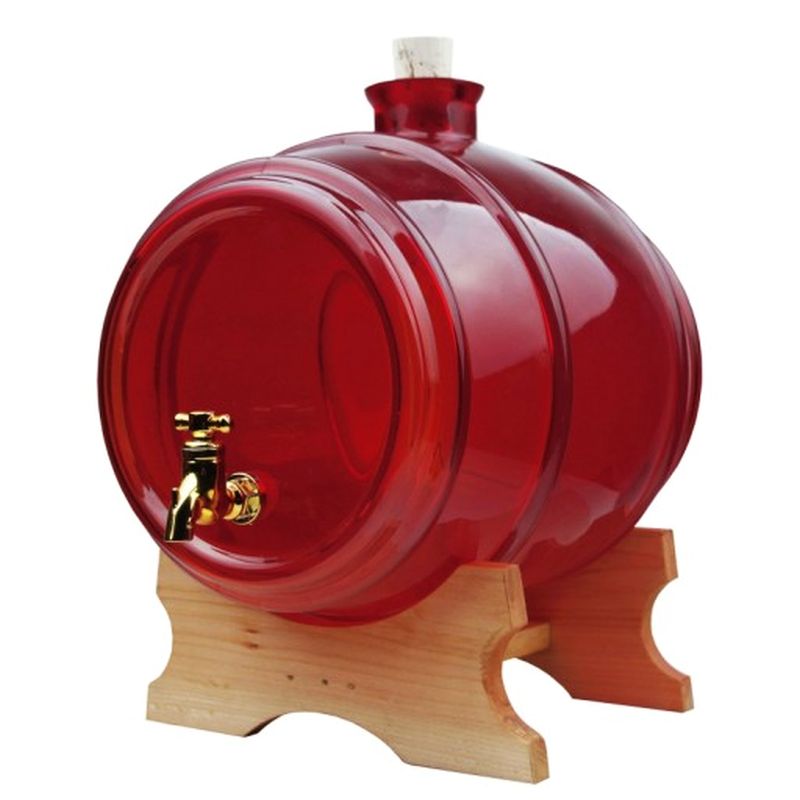 Tonneau en verre 4L rouge avec socle en bois et robinet