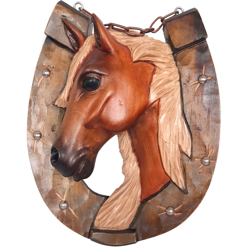 Tête de cheval fer à cheval, tableau à accrocher avec chaîne