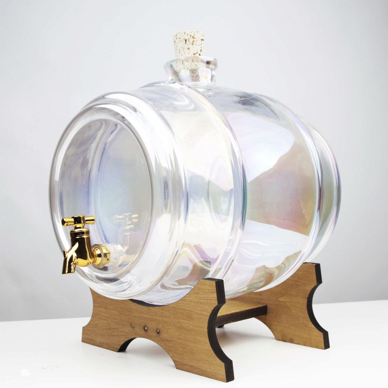 Tonneau en verre de 5 L avec teinte arc-en-ciel, base et robinet en bois