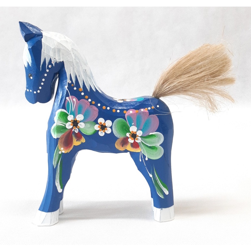 Cheval en bois peint bleu 20x25 cm