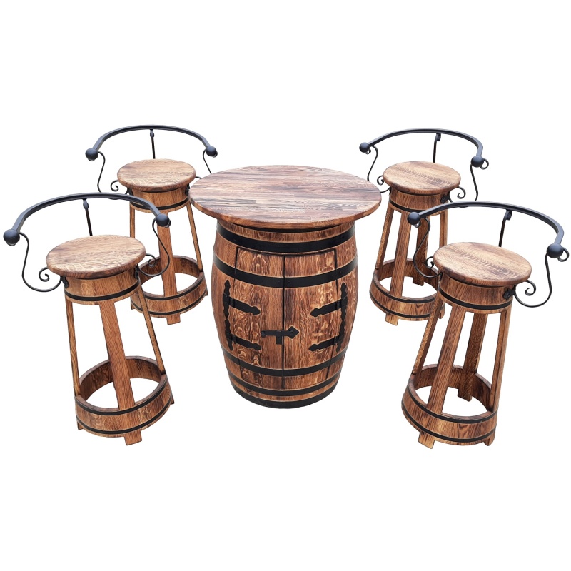 Table tonneau + 4 tabourets avec dossier en métal