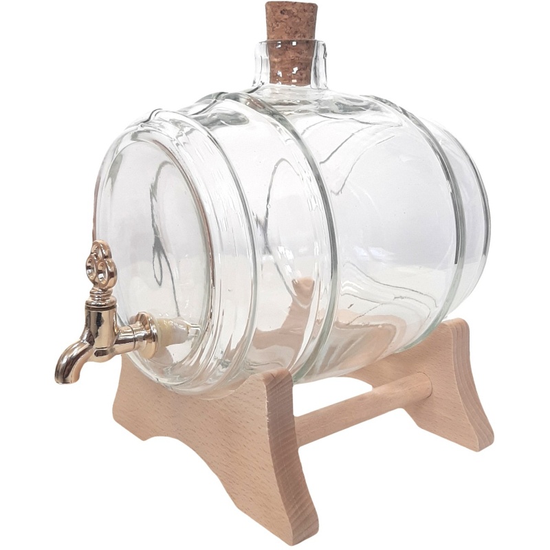 Tonneau en verre 2L transparent avec base en bois et robinet