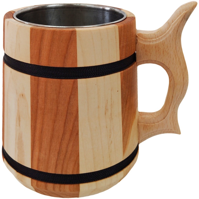 Tasse en bois faite à la main avec bords noirs 0,3 L et intérieur en acier inoxydable